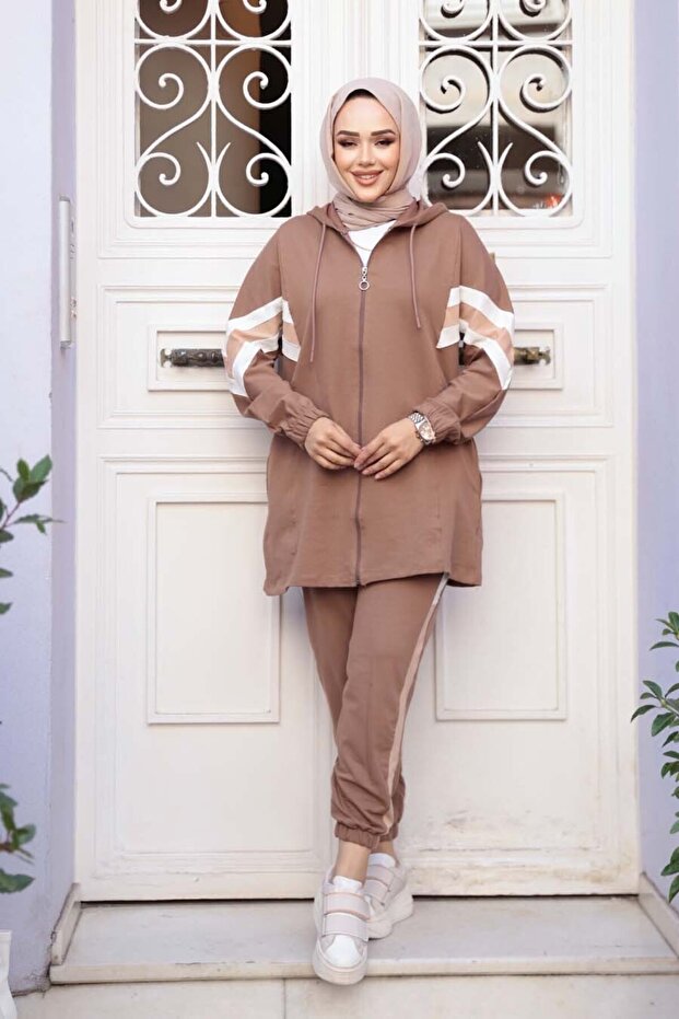 Zippered Brown Hijab Double Set 20135Kh
