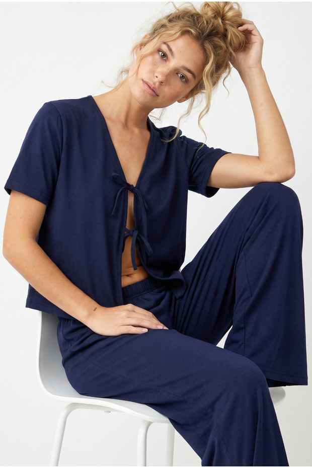 Navy Blue Tied Knitted Pajama Suit7889