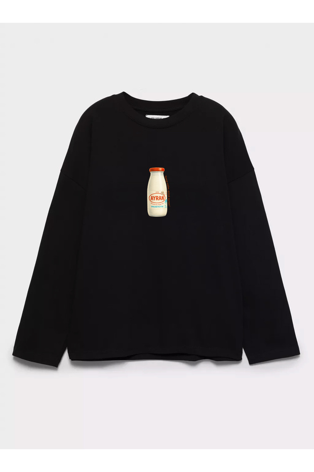 100% Cotton Oversize Fit Keep Calm Drink Ayran Printed - Crew Neck Long Sleeve T-Shirt