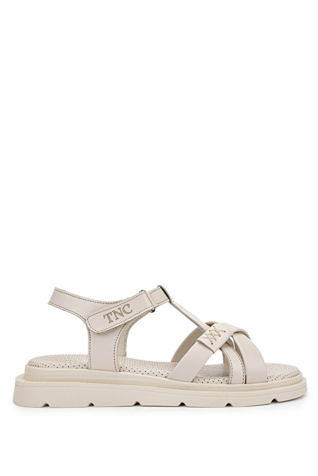 Women's Genuine Leather Beige Flat Sandals