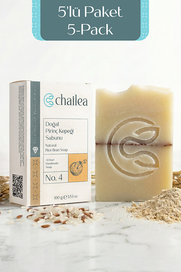 Natural Rice Bran Soap Set of 5 — Normal and Combination Skin, Cold Method, Handmade, 100 g X5