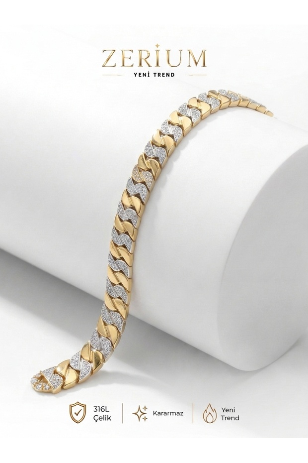 Zircon Stone Two Tone Steel Bracelet Gold Color Modern Premium Design