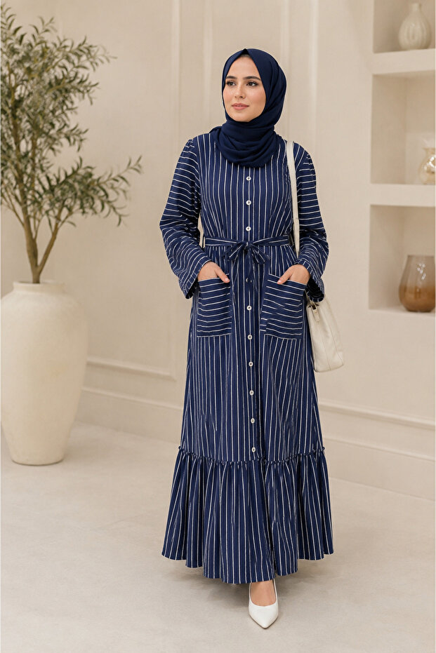 Mahit- Chic Linen Maxi Dress with side pockets and ruffled hem in navy blue pinstripe