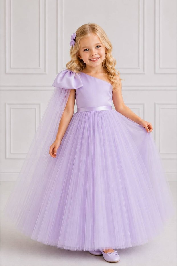 Girl's Lilac One-Shoulder Bow Detail Puffy Tulle Princess Dress