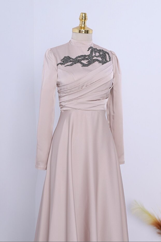 Evening Dress with Stone Collar and Draped Front -Powder Color