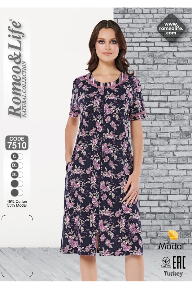 Women's Cotton in Modal Fabric Button Detailed Patterned Stylish Dress 7510