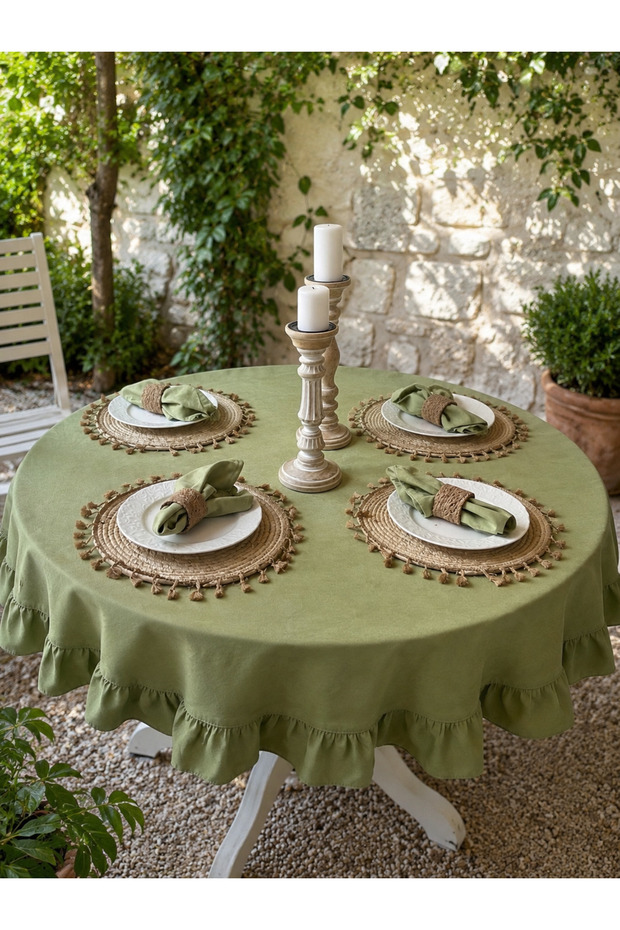 Pearl Velvet Textured Ruffled Round Tablecloth Pistachio Green