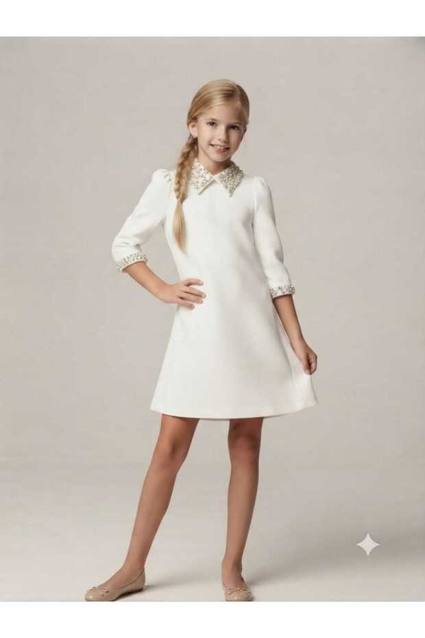 Girl's Short-Sleeved Dress with Stone Collar and Sleeves