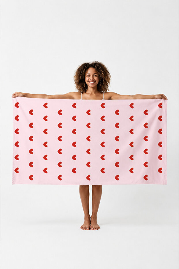 Pink Ground Red Heart Pattern Digital Printed Beach Towel 75X150