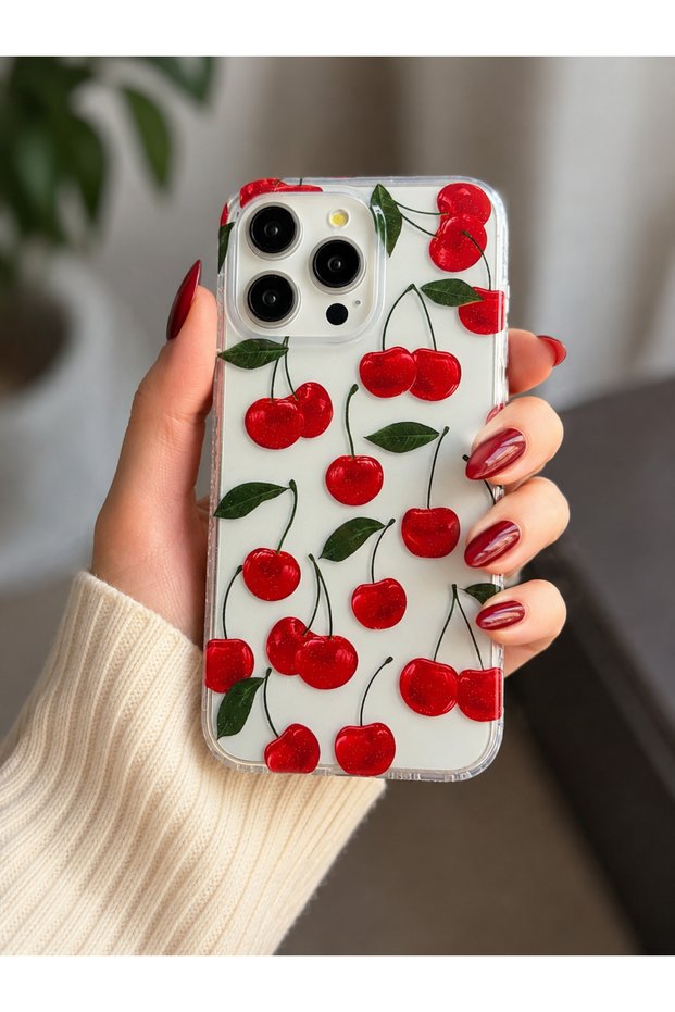 Durable Transparent Phone Case with Silvery Cherry Print, Compatible with iPhone 15