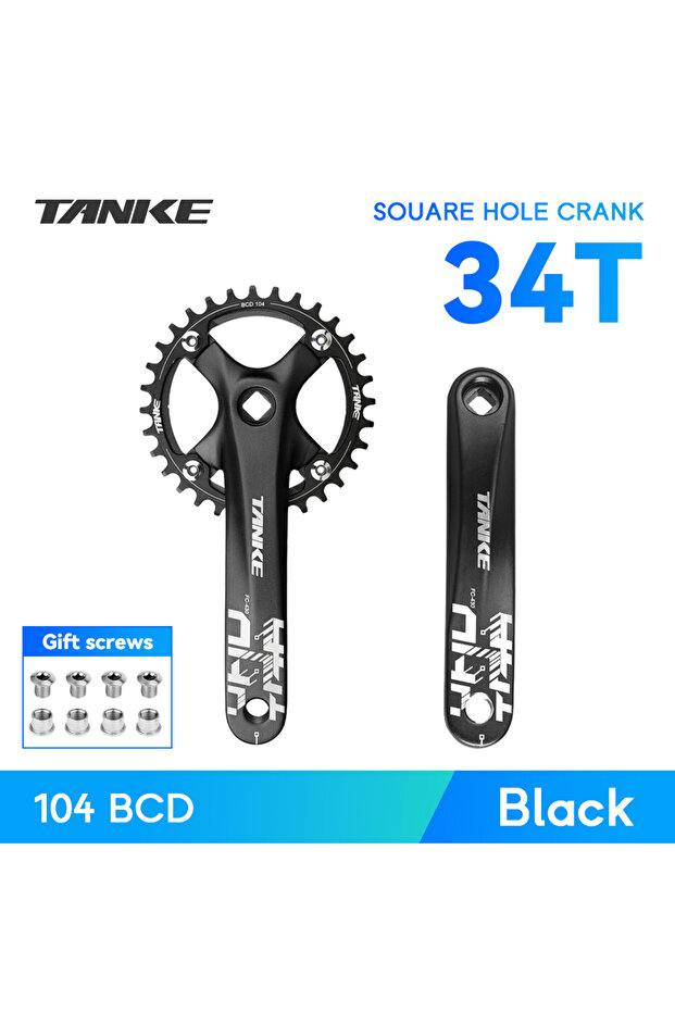 Black Crank-34T TANKE Bicycle Crank Square Hole Sprocket 104BCD 170mm Red Black Crank Round 32/34/36