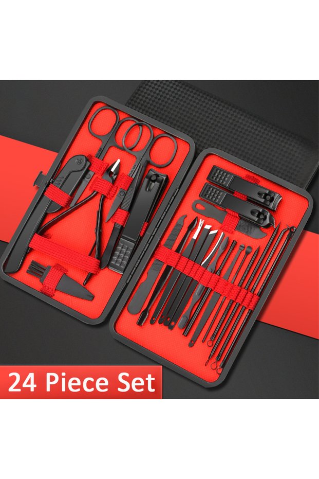 Red 24 PCS SET 7/10/12/18/20/24PCS Set Professional Fingernail Toenail Set Stainless Steel Manicure