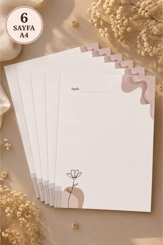 Beige & White Floral Detailed Letter Paper (12 Pieces A4 Size)