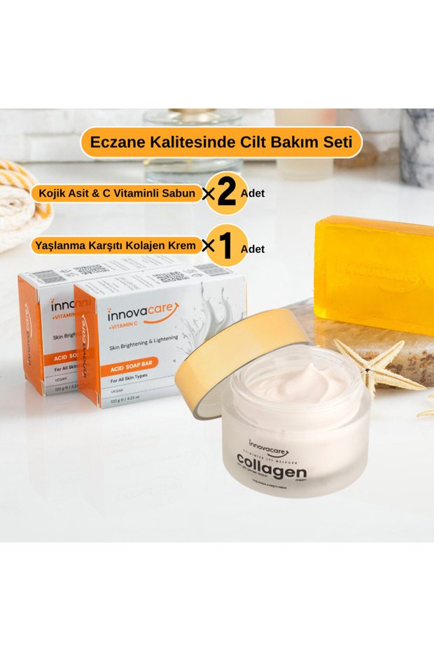 Collagen Cream & Kojic Acid Anti-Blemish Soap Set - Skin Tone Equalizer, Firming Anti-Aging Care Set (1 Cream 50ml + 2 Soaps 120Gx2)