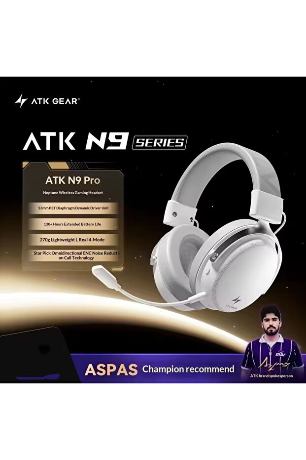 سماعة رأس لاسلكية للألعاب ATK N9 Pro باللون الأبيض، سماعة رأس ثلاثية الأوضاع لـ PS5 وأجهزة الكمبيوتر مع ميكروفون