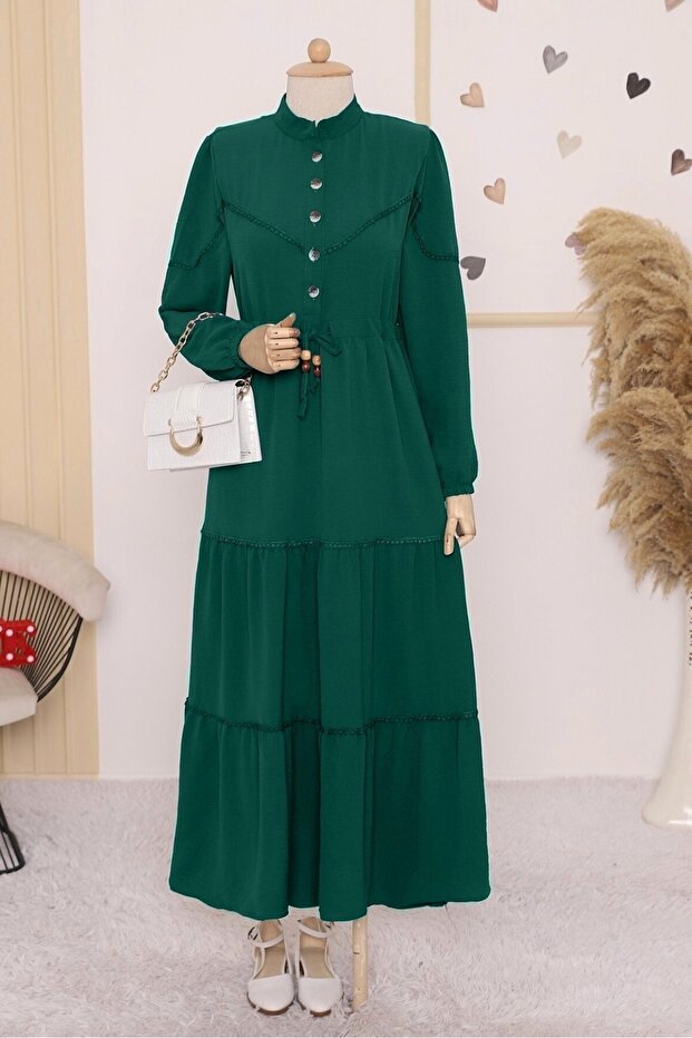 Half-Buttoned, Segmented Lace-Up Dress - Emerald