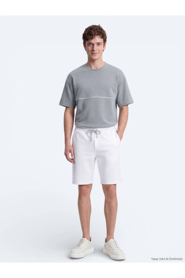 Ecru Plain Knitted Regular Fit Casual Bermuda Shorts