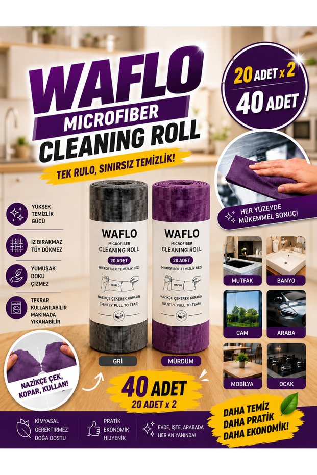 2-Pack Microfiber Cleaning Cloth Roll | Total 40 Pieces | Advantageous Set | 25X25 Cm- Gray + Plum