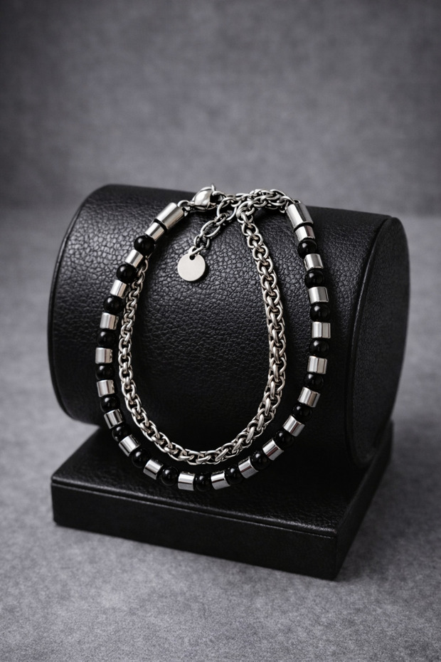 Steel Men's Bracelet - Steel Bracelet with Onyx Natural Stone and Double-Layered Extensions