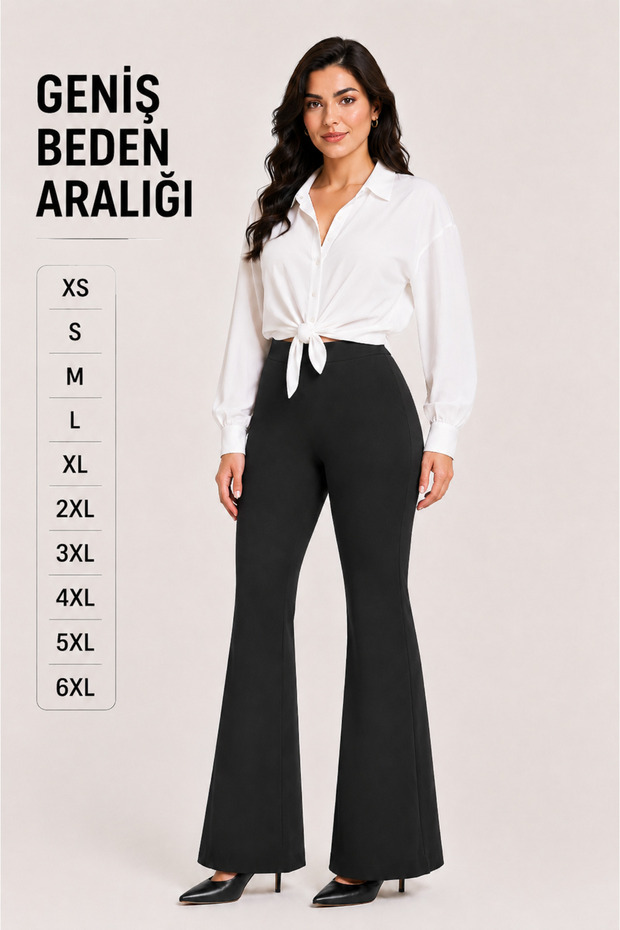 Black Plus Size High Waist Spanish Leg Flare Dalgış Fabric Lycra Stretchy Gathering Tights Pants