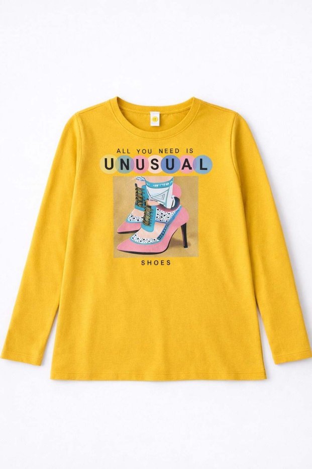 Via Girls Girls' Printed Detailed Long Sleeve T-Shirt 6-9 Years Old Mustard