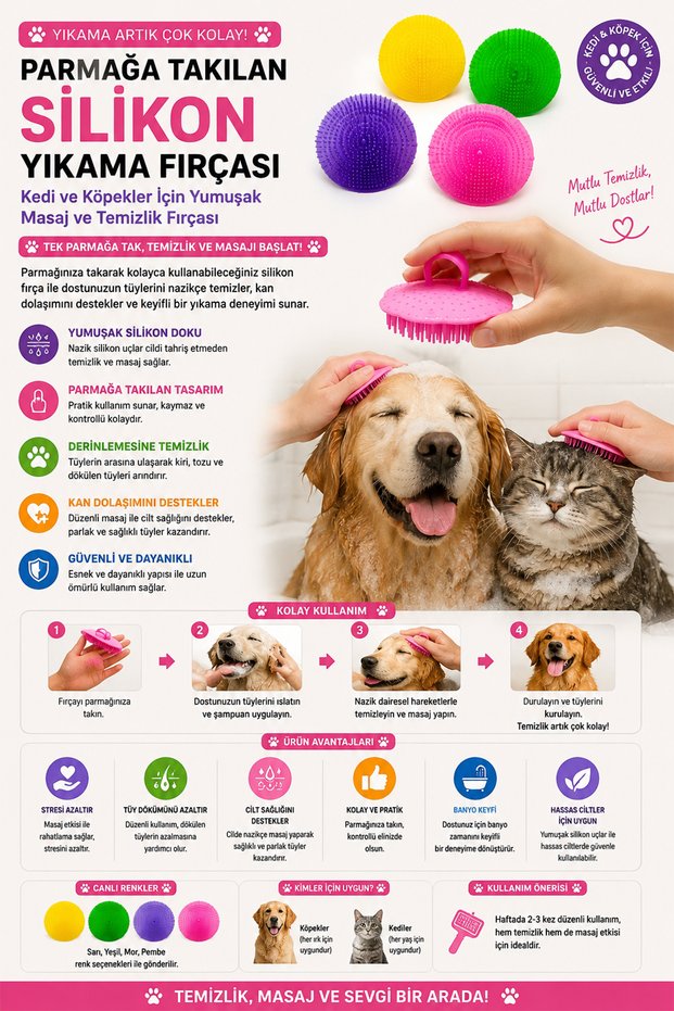 Silicone Cat Dog Bath Brush, Finger-Grip Non-Slip Massage Comb and Cleaner