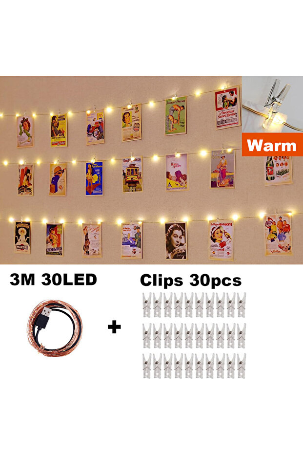 Warm 30led 30Clip 1pc Photo Fairy Lights String with 50/30/20 Clips USB Powered String Lights for Ca