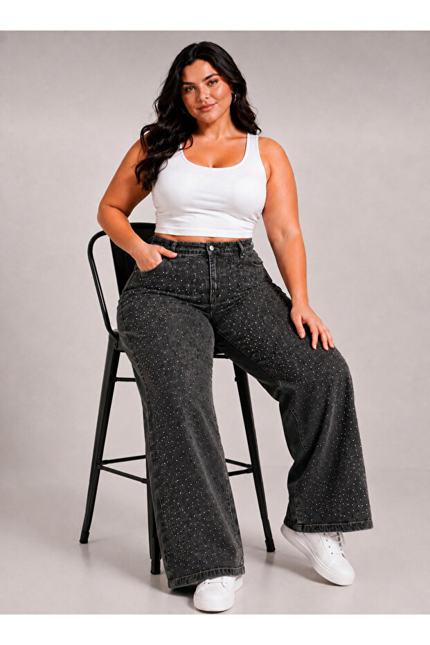 Women's Plus Size Jeans Wide Leg Stone-Embellished Denim Pants-Smoked
