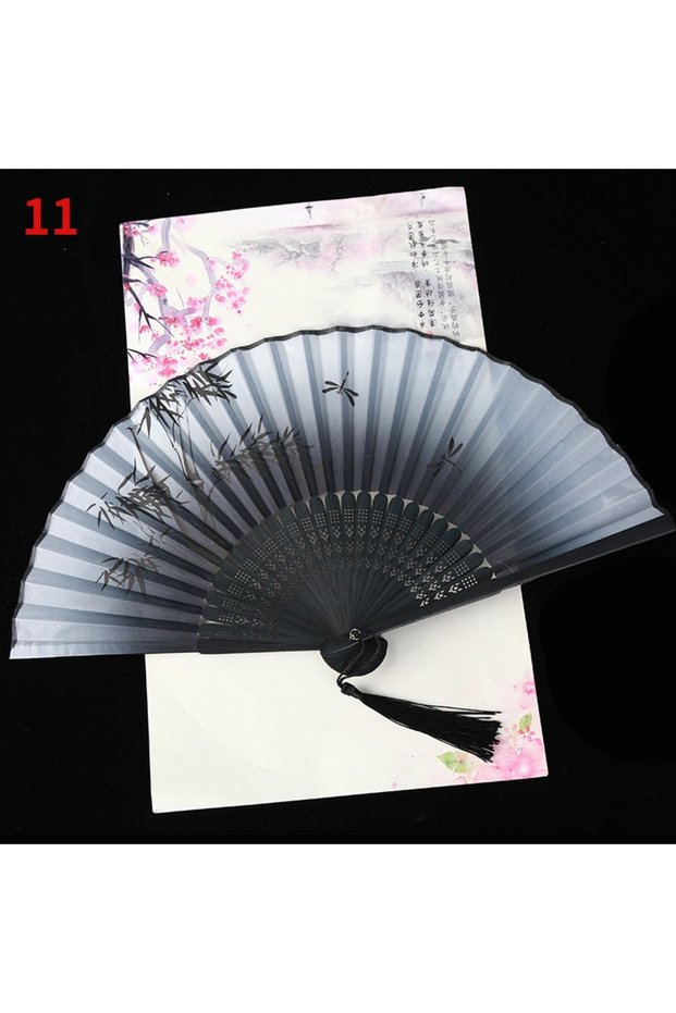 11 1Pc Vintage Silk Folding Fan Retro Chinese Japanese Bamboo Folding Fan Tassel Dance Hand Fan Home