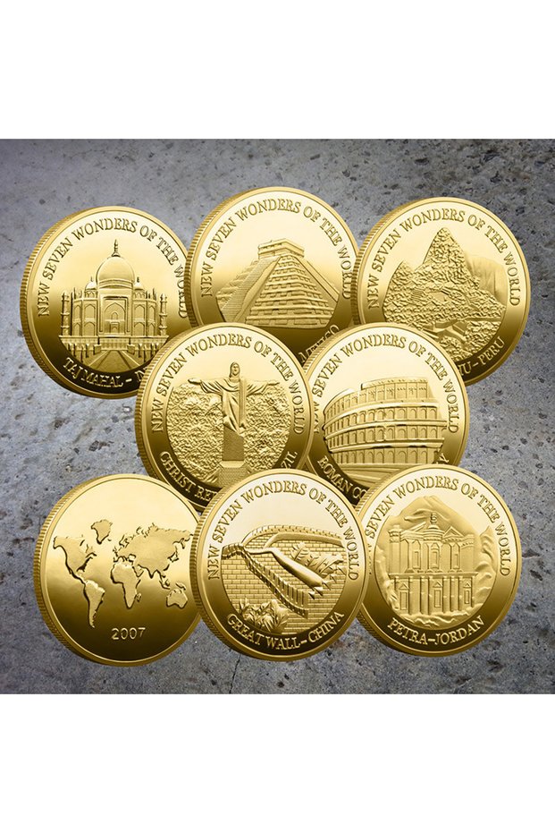 H Seven Wonders of The World Coin Collection Gold-plated Commemorative Badge Travel Collection Coin
