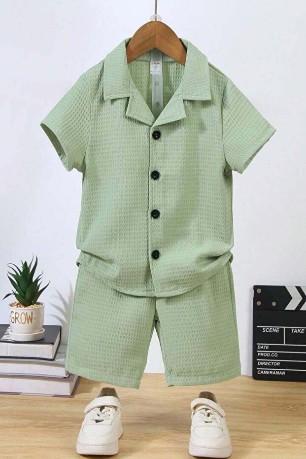 Baby Kids Cotton Shirt Detailed Waffle Summer 2-Piece Shorts Set - Green