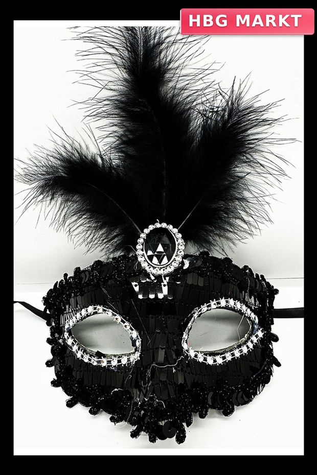 Black Sequined Feather Party Mask 17X20 cm