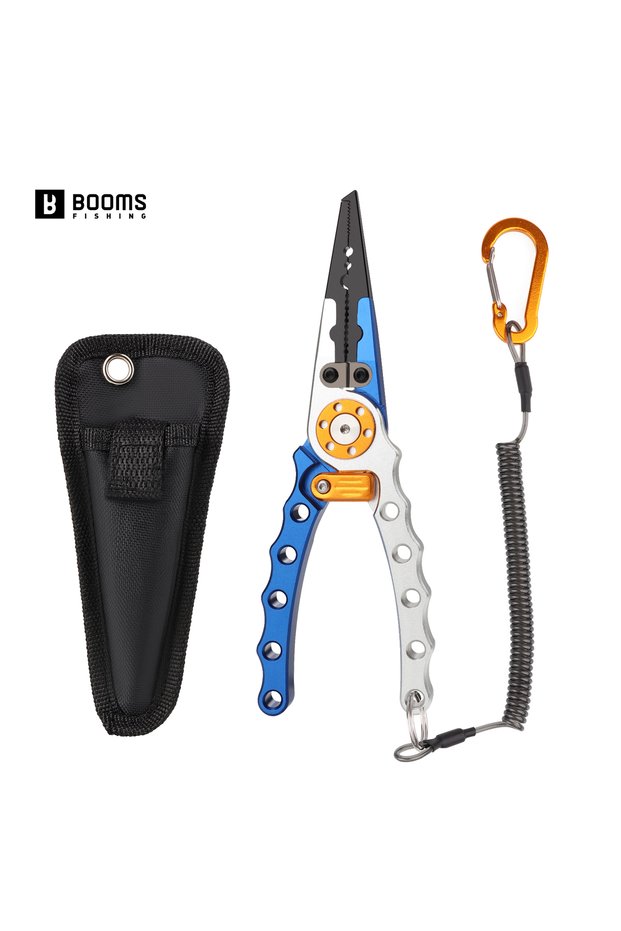 Blue and silver Booms Fishing X01 Aluminum Multitool Fishing Pliers Hook Remover Line Cutting and Sp