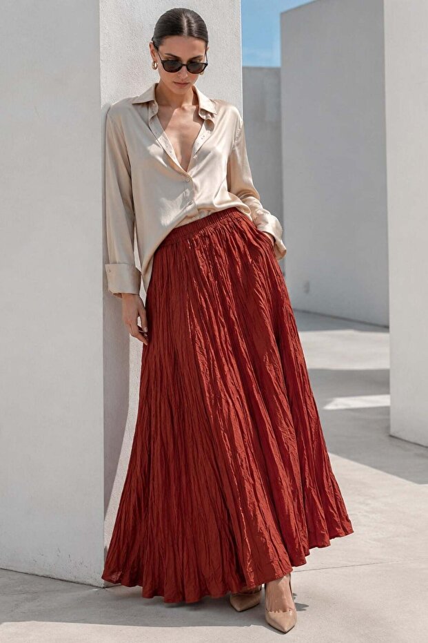 Burgundy Elastic Waist Wrinkled Micro Long Women's Skirt Mg2155