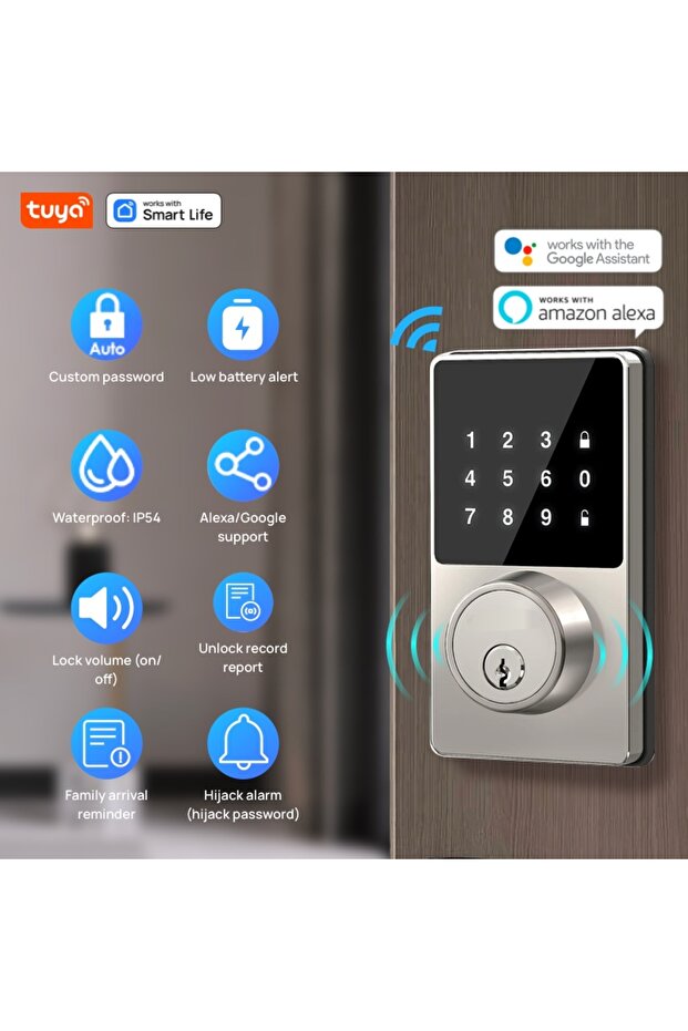 قفل Tuya Smart Home WiFi المصنوع من النيكل المصقول، قفل باب الدخول بدون مفتاح مع لوحة مفاتيح تعمل باللمس، التحكم عبر التطبيق