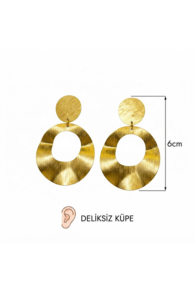 Women's Earring with Non-Perforated Compression Clip - 6cm Embossed Geometric Earring