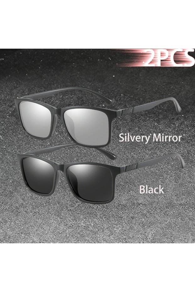 SilveryMirror-Black 1-2PCS Luxury Men Sunglasses Fashion Vintage Square Ultra Light Frame Driving Fi