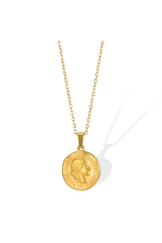 Gold Color Stainless Steel Portrait Queen Coin Necklace Fashion Gold Color Round Coin Carved Queen P