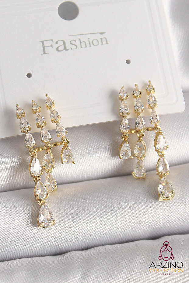 Brass Gold Color Zircon Stone Rain Model Women's Earrings