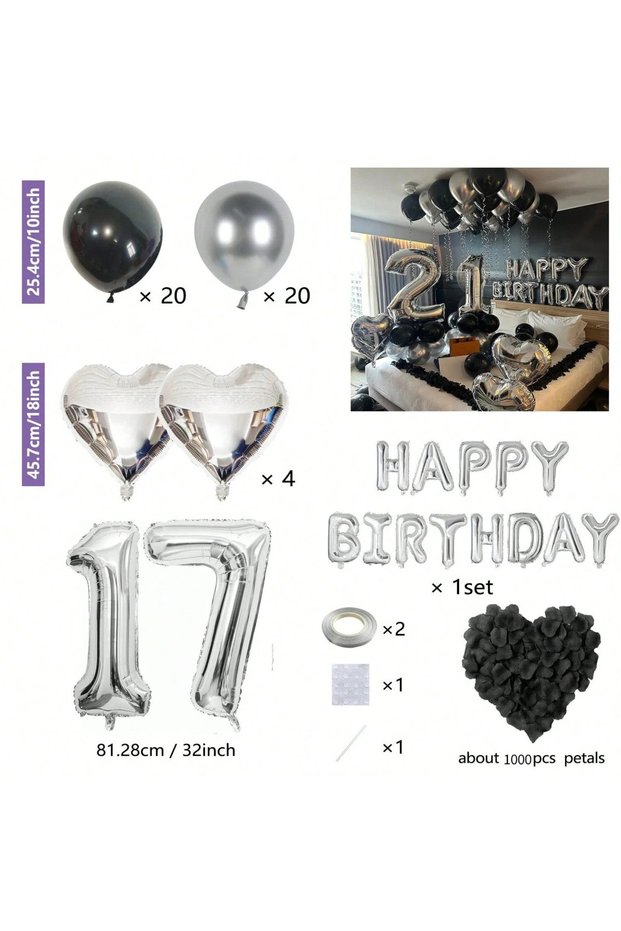 Other Black Silver 17 Black Silver Party Birthday Banner Heart-Shaped Aluminum Foil Balloon Rose Pet