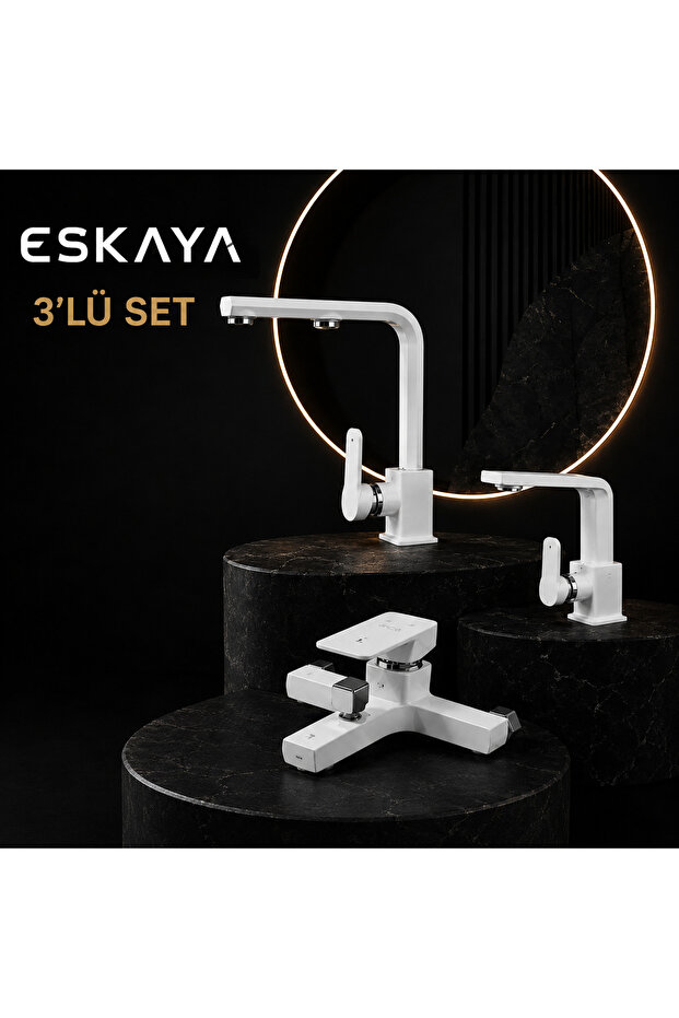 White Chrome Square 3-Piece Faucet Set Kitchen Faucet - Sink Faucet - Bathroom Faucet