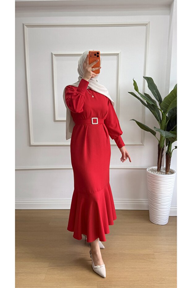 Red Stone Belted Crepe Event Dress (with Zipper at the Back)