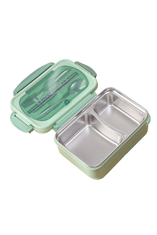 green Portable Lunch Box 304 Stainless Steel Leakproof Divided Food Containers with Spoon and Chopst