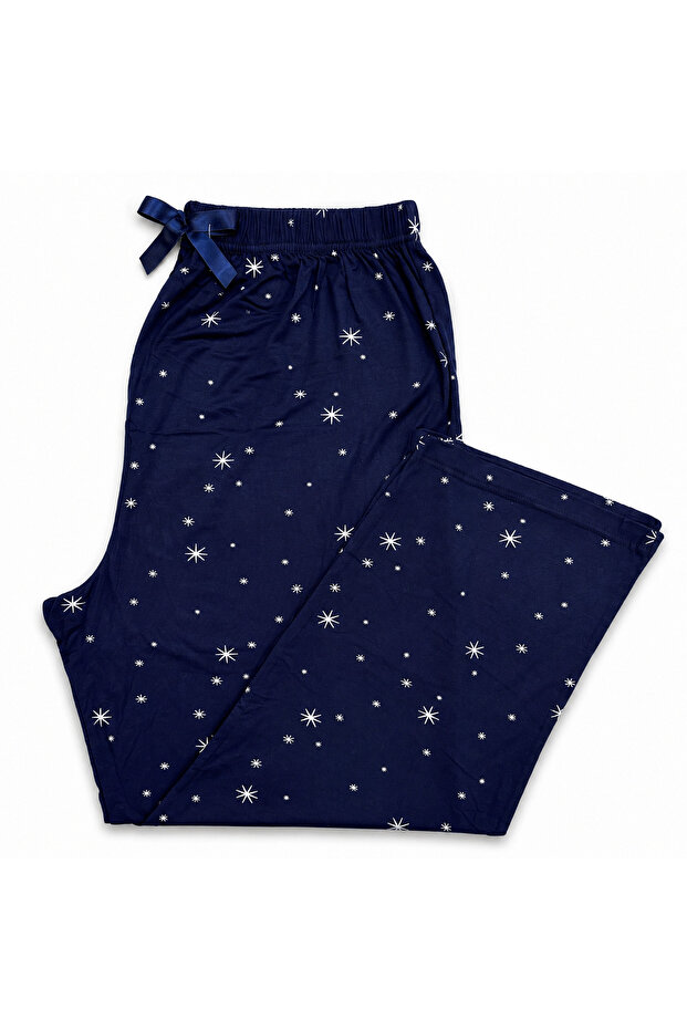 PATTERNED-BLACK-DARK BLUE Large Size Pajama Bottoms Modal Fabric Modern Quality Women's Pajama Bottoms