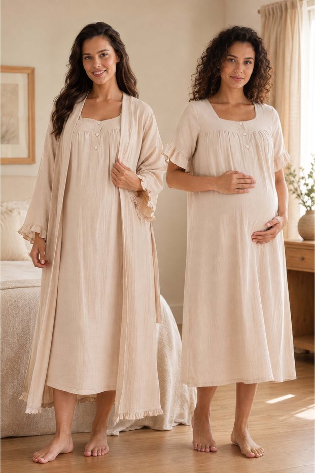 Pregnant and Postpartum Period Muslin Fabric Dressing Gown and Nightgown Set Effortt - Beige