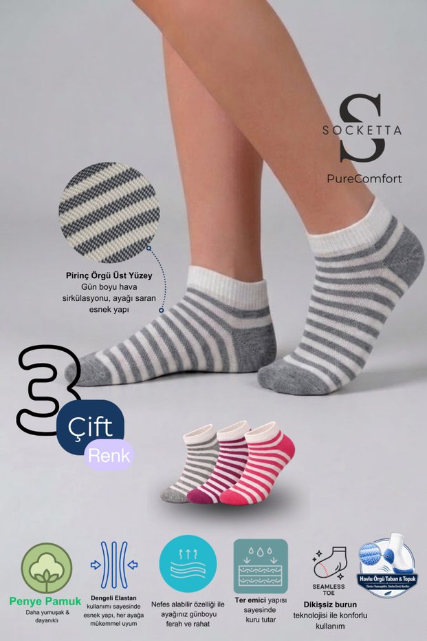3-Piece Mixed Color Women's Cotton Seamless Towel Sole Booties Socks - Premium
