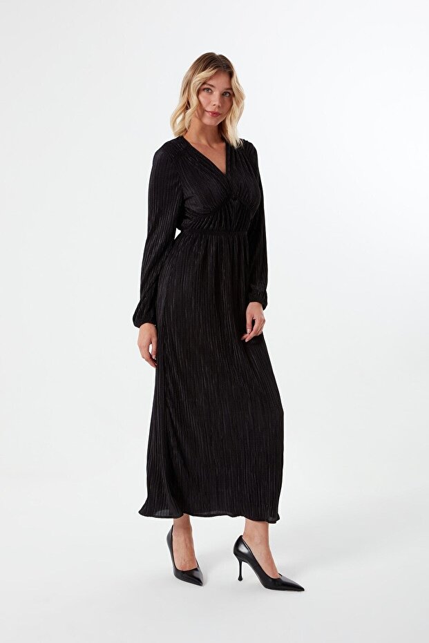 Pleated V-Neck Dress with Elastic Waist and Sleeves and Elasticated Hem