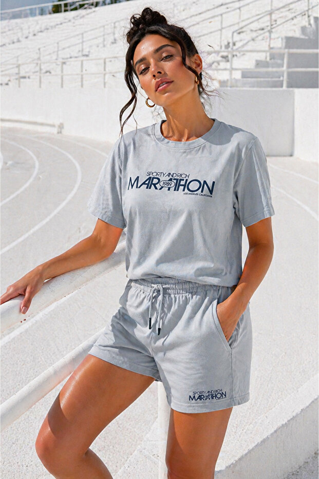 Women's Cotton Sporty&Rich Marathon Short Sleeve Oversize T-Shirt and Shorts Bottom Top Set Two-Piece Set