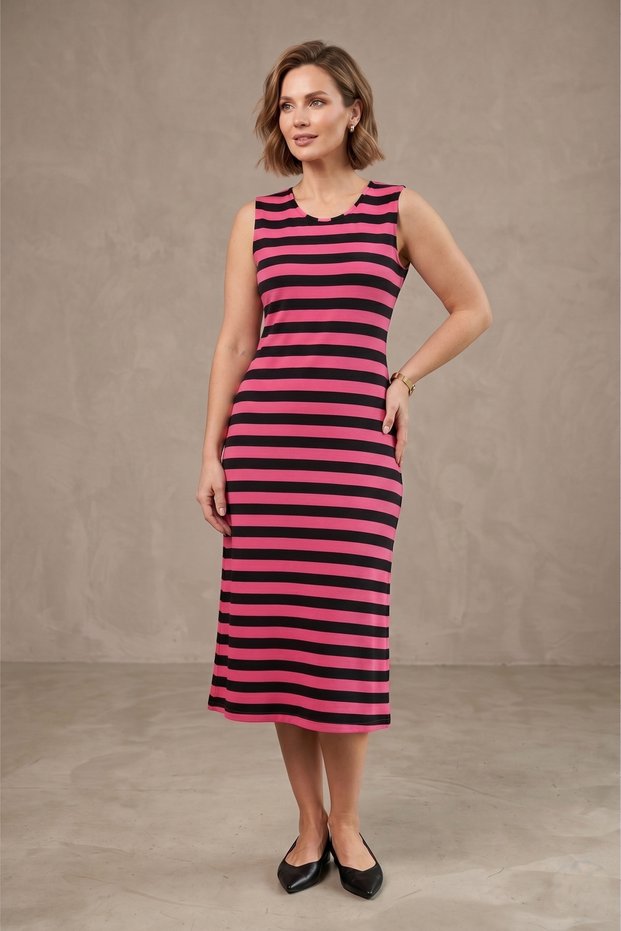 Women's Plus Size Lycra Crew Neck Striped Gilet Mother Combed Cotton Dress