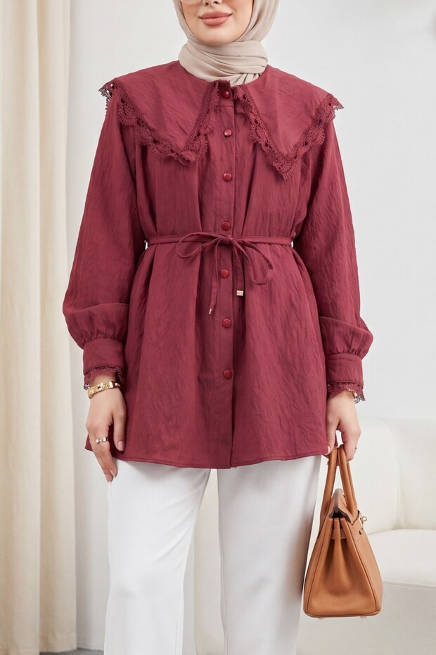 Baby Collar Scalloped Waist Tie Modal Tunic - Burgundy